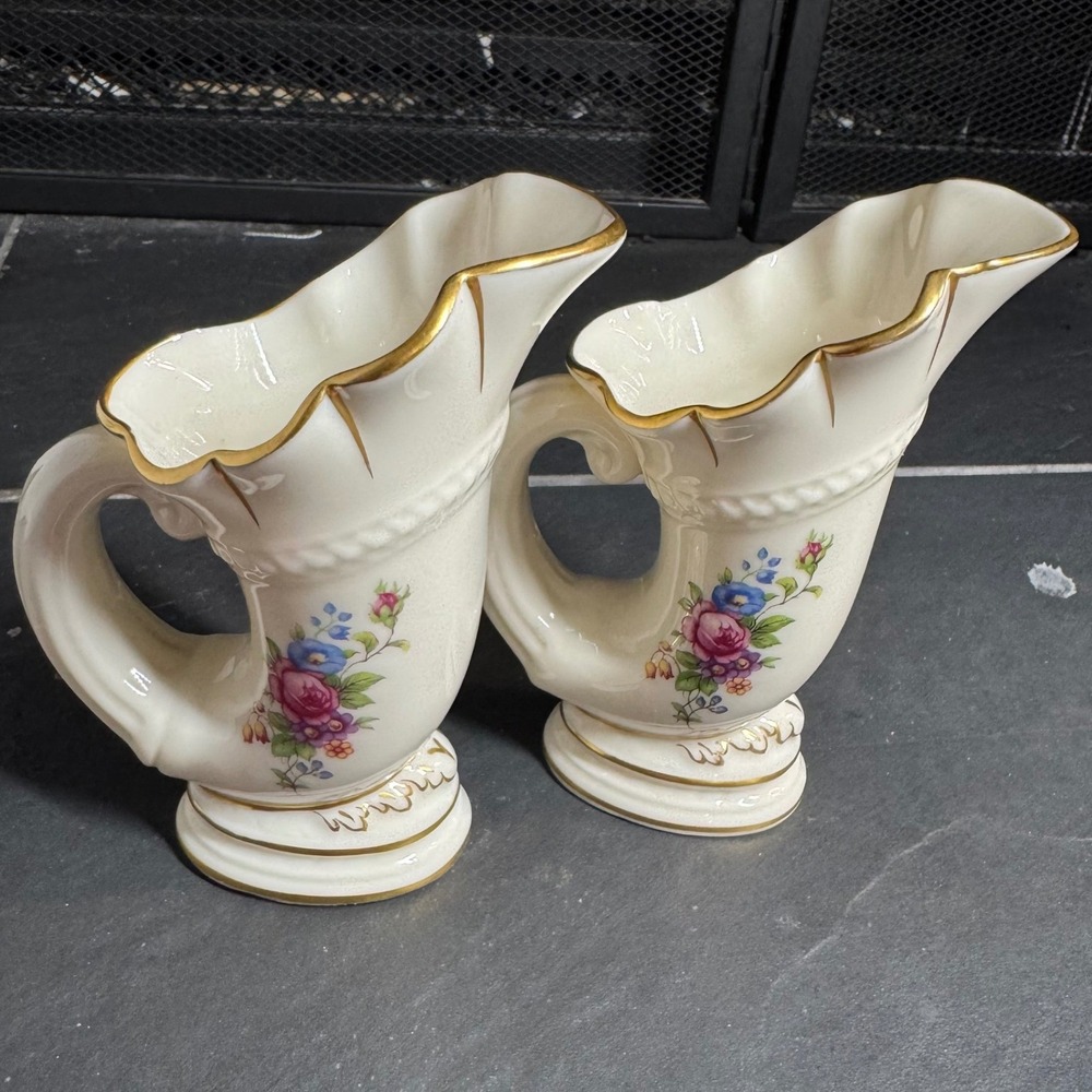 Lenox Vintage Floral Cornucopia Vase Pair Ivory Gold Trim Porcelain 70/MR50 USA